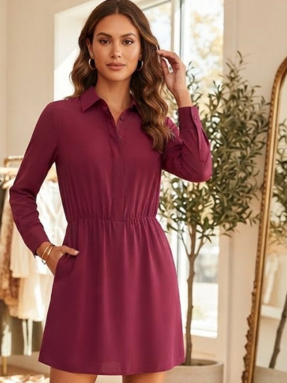 NWT Amanda Uprichard Wine Button-Front Long Sleeve Shirt Dress Size S